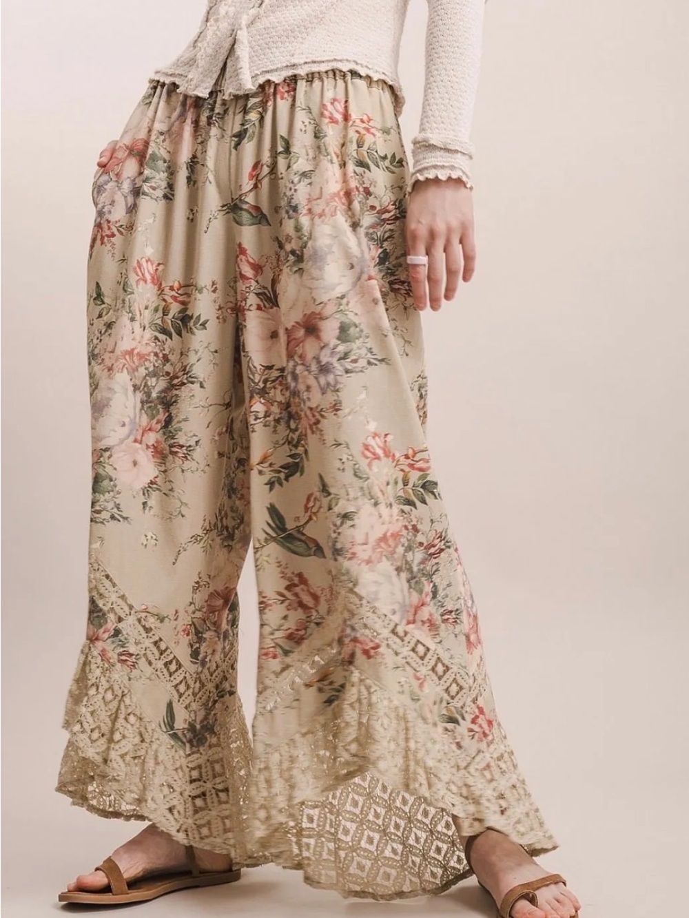Blue Velvet Boho Floral Wide-Leg Lace-Hem Pants in Beige